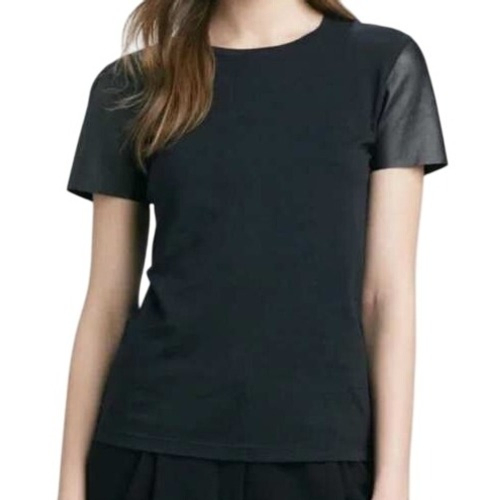 Vince Womens S Black Lamb Leather Sleeve T Shirt